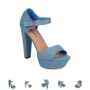 Breckelles Women Denim Peep Toe Platform Chunky Heel Pump
